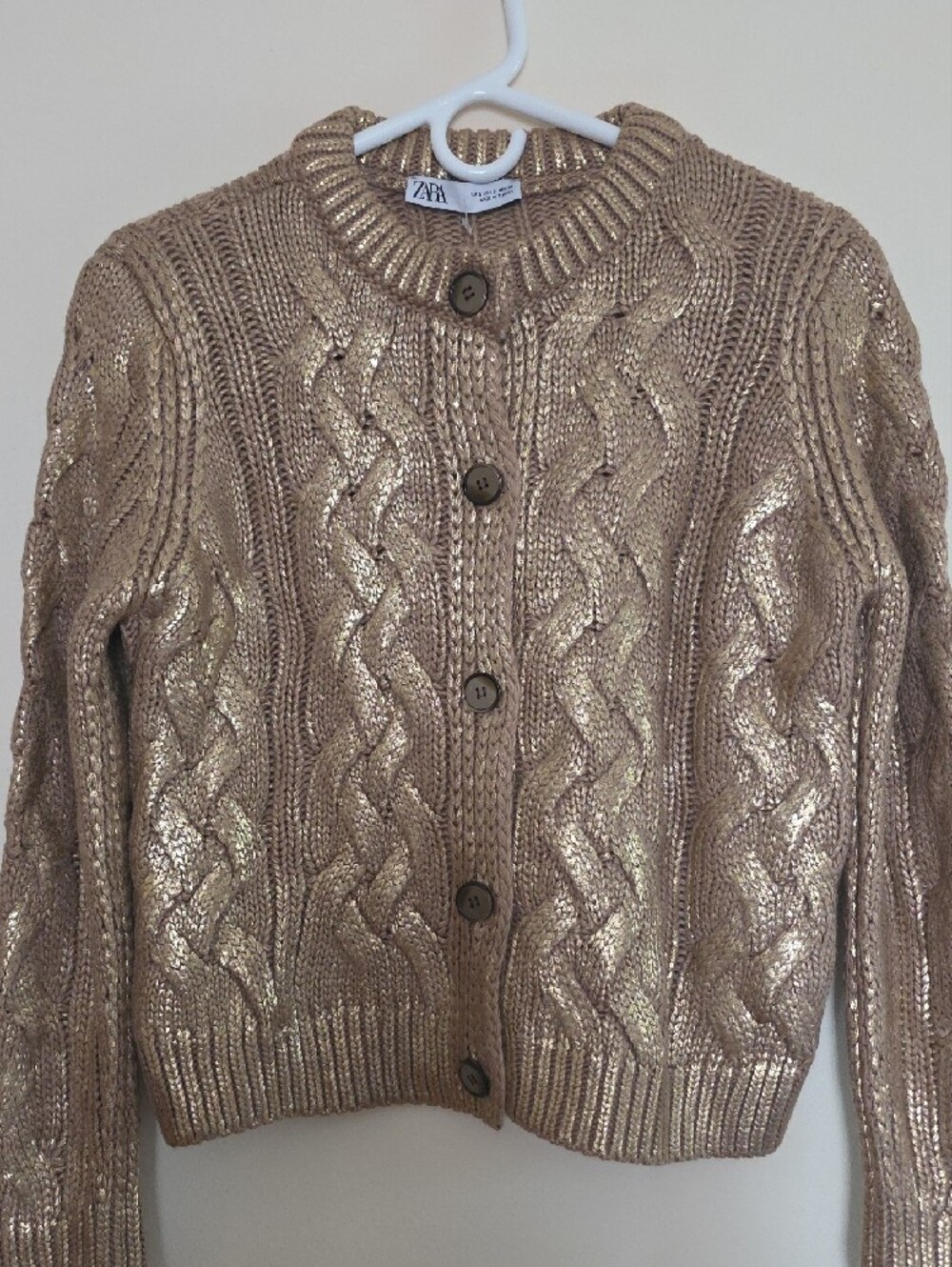 Zara Shimmery Cable-Knit Button Cardigan - Champagne